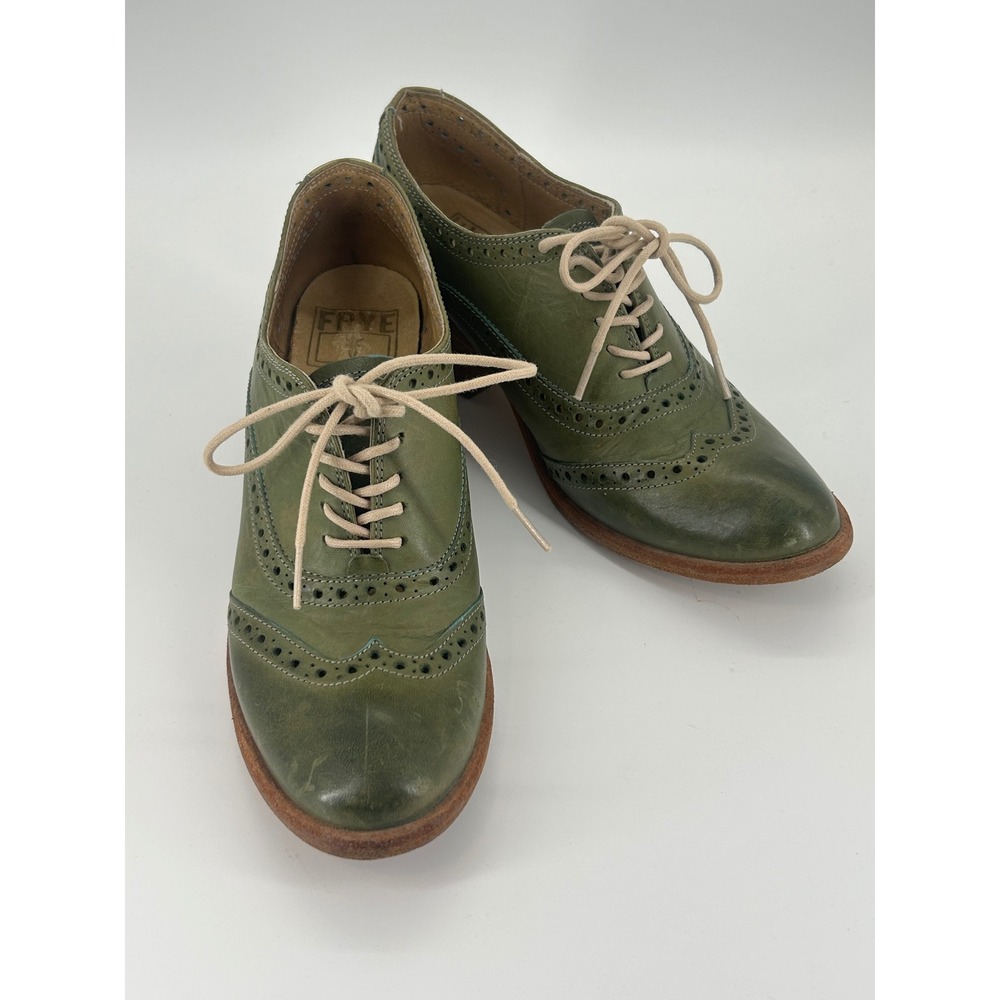Frye Olive Green Leather Wingtip Oxford Heels Lace Up Shoes Women's 7.5 B